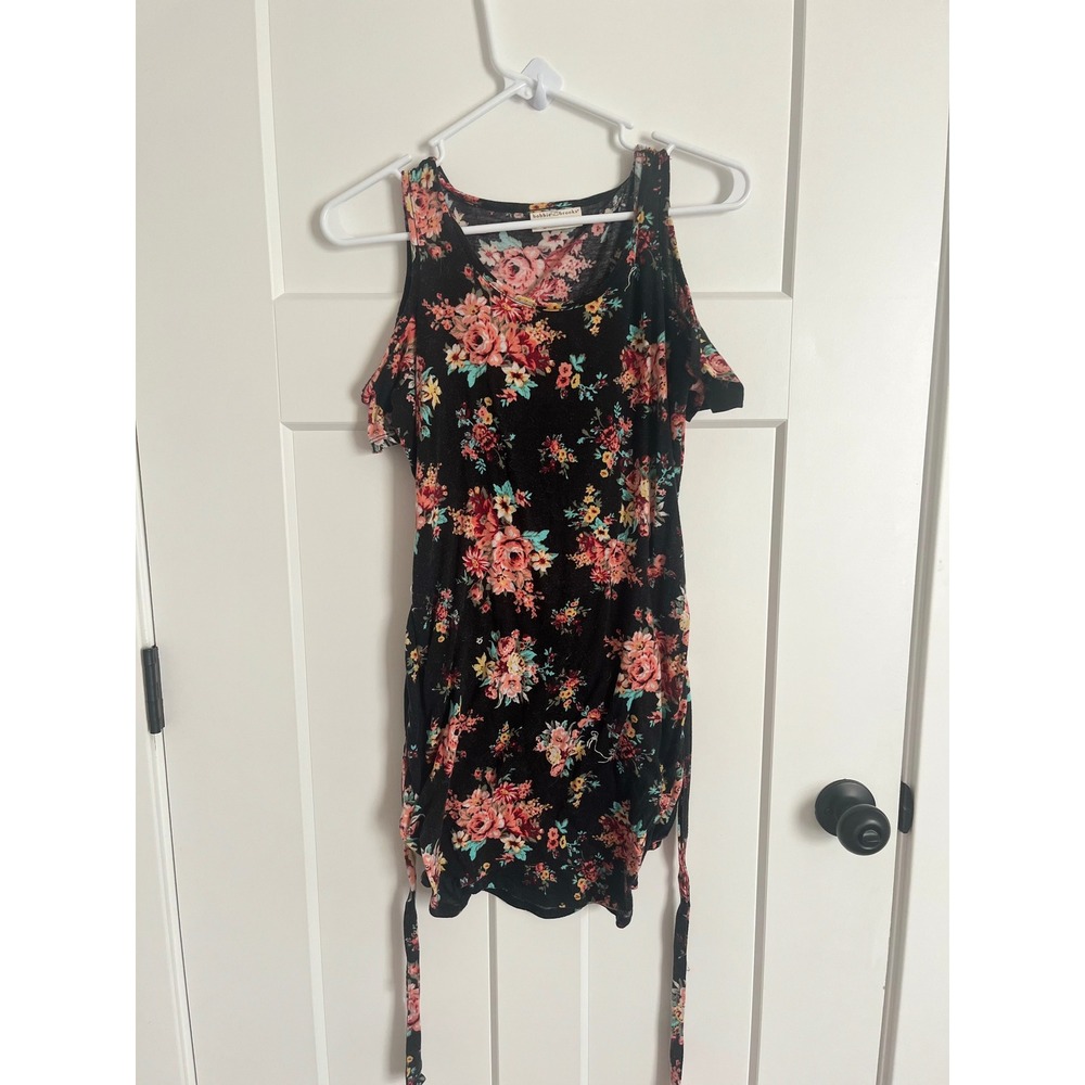 Bobbie Brooks Womens Small Black Floral Cold Shoulder Top Side Tie Short Sleeve